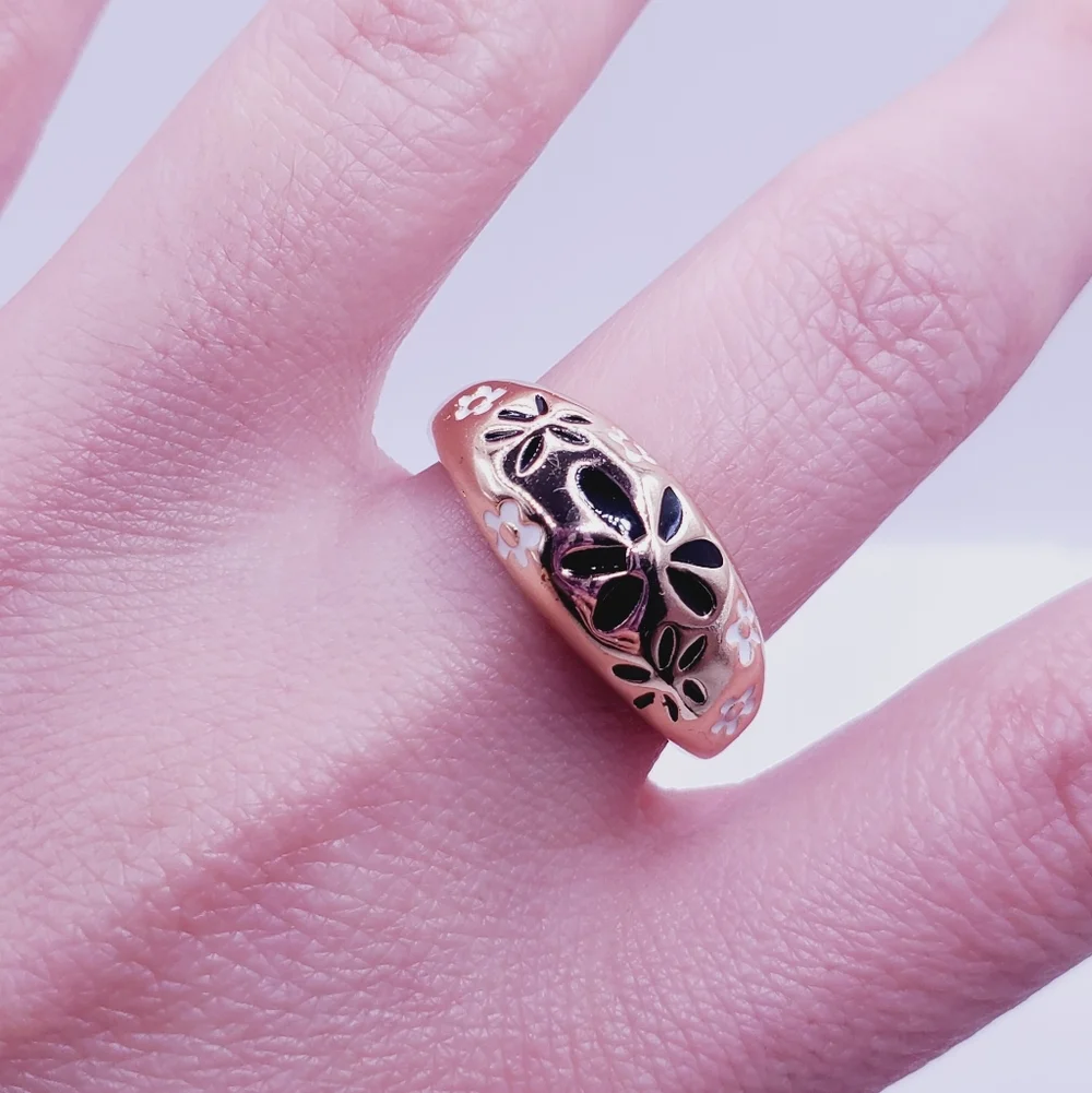 Yellow Gold Plated Floral Flower Enamel Dome Ring